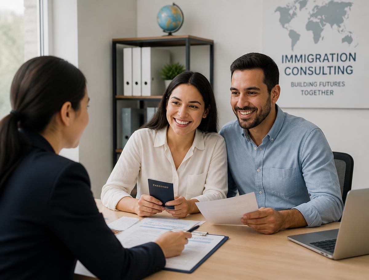 A consultant helping a couple with immigration paperwork